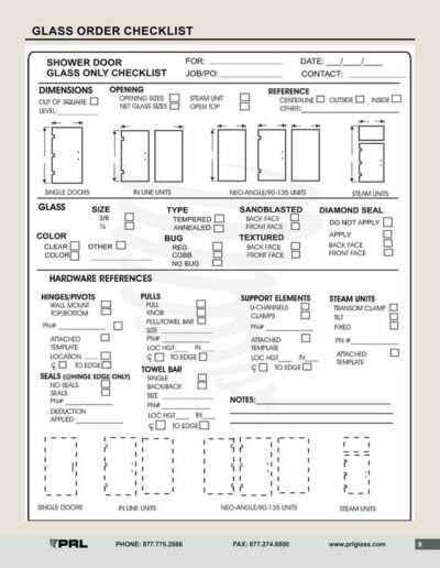 Glass Order Checklist